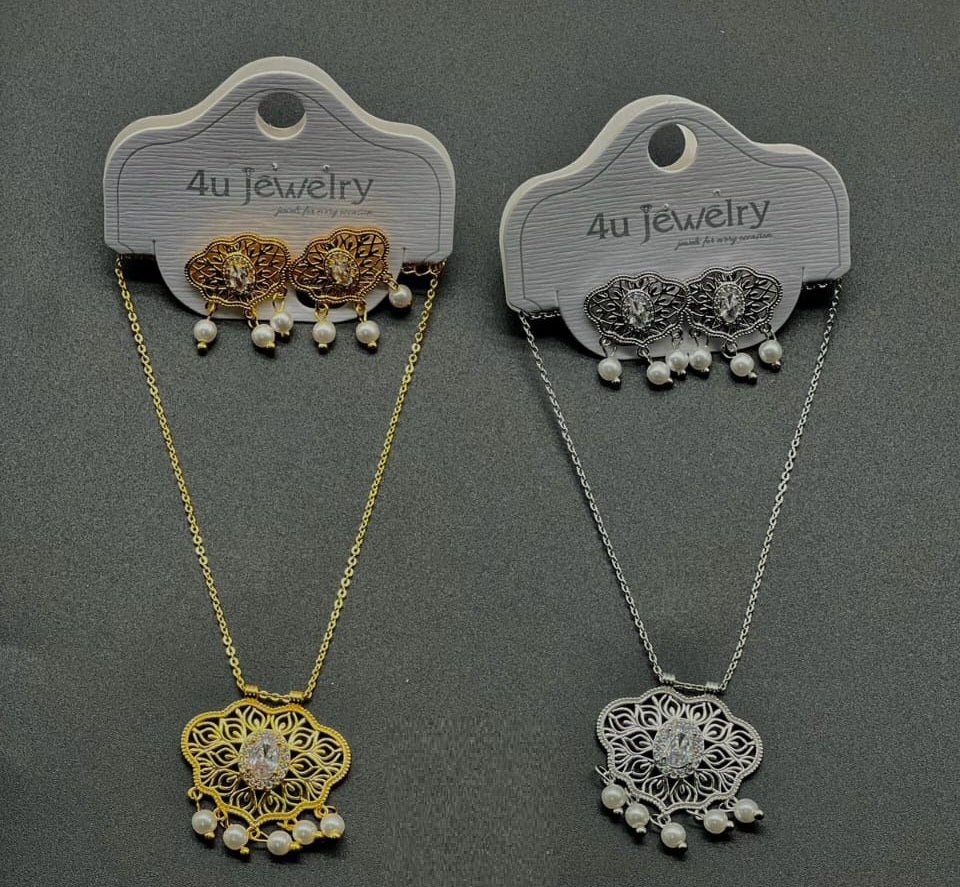 Classic Pearl Drop Filigree Necklace Set - Zambeel