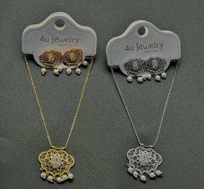 Classic Pearl Drop Filigree Necklace Set - Zambeel