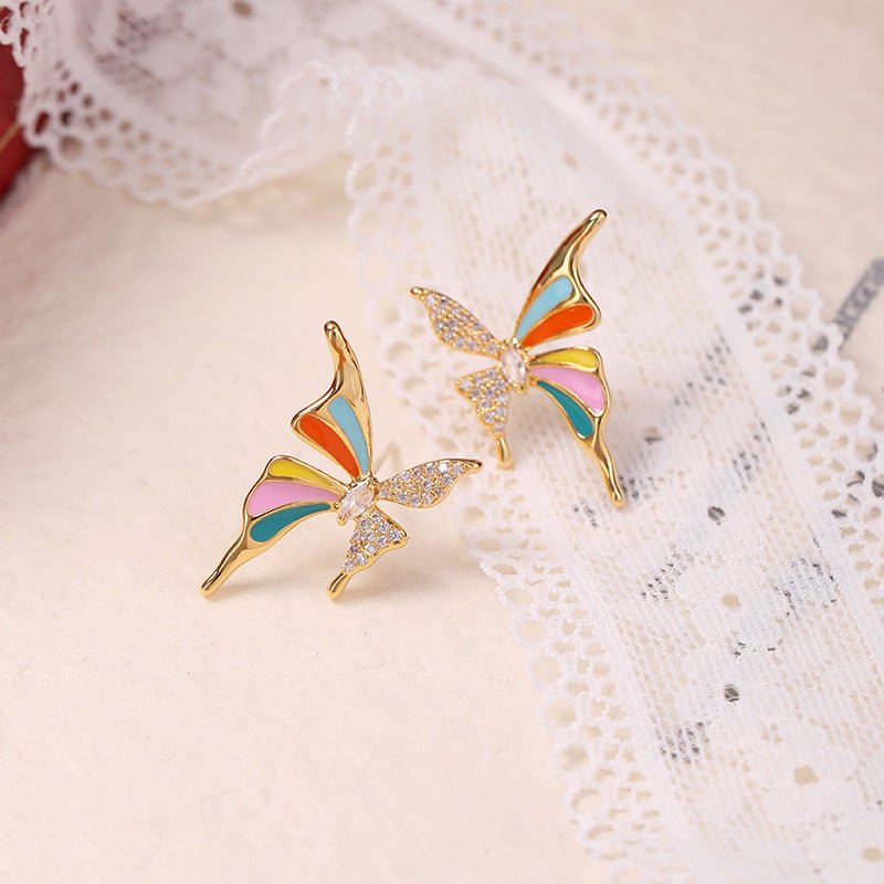 Colorful Enamel Butterfly Earrings For Women Inlaid Zircon - Zambeel