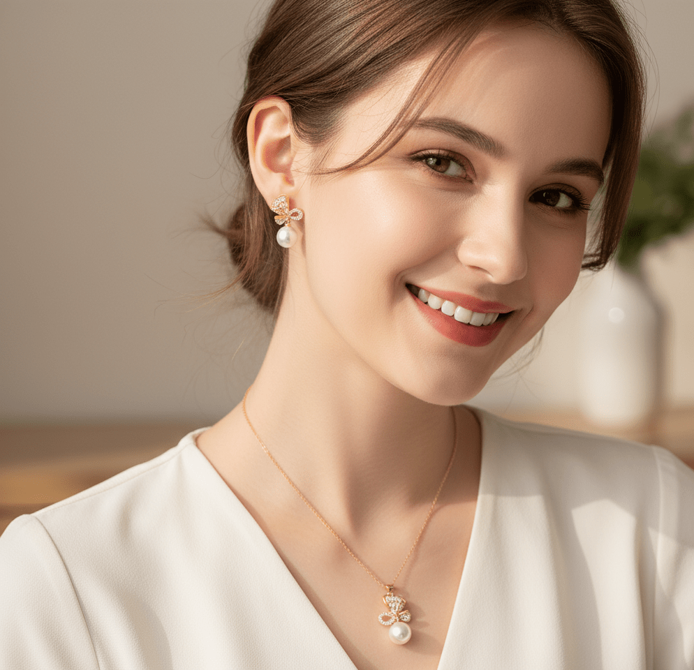 Crystal Bow Pearl Jewelry Set - Zambeel