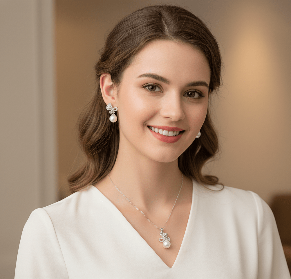 Crystal Bow Pearl Jewelry Set - Zambeel