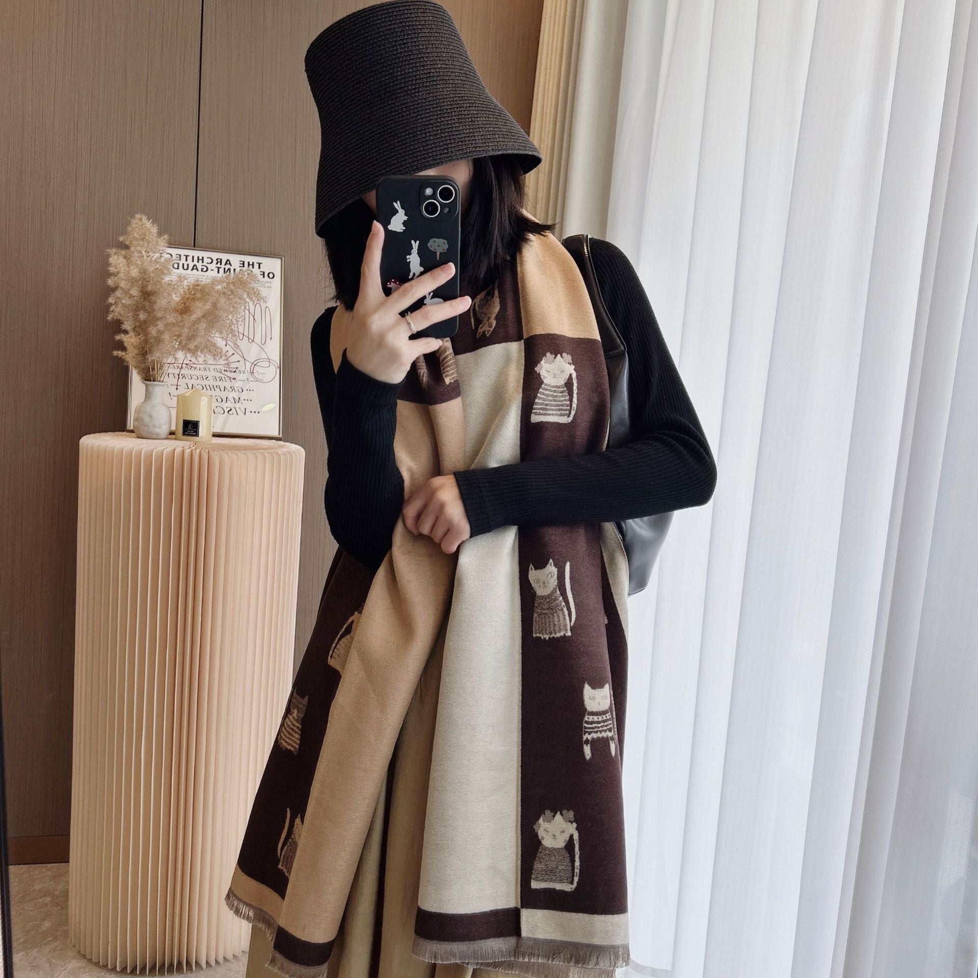 Cute Kitten Plaid Contrast Color Cashmere Shawl Scarf - Zambeel