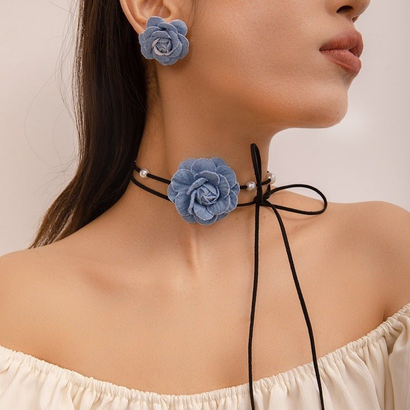 Denim Camellia Beaded Lace - up Necklace And Earrings Suite - Zambeel