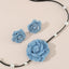 Denim Camellia Beaded Lace - up Necklace And Earrings Suite - Zambeel