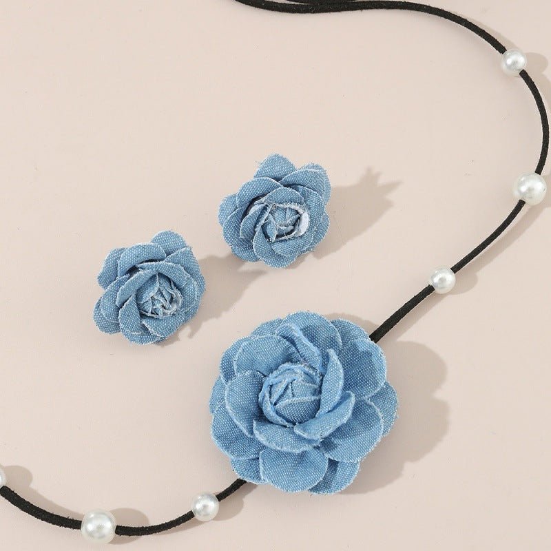 Denim Camellia Beaded Lace - up Necklace And Earrings Suite - Zambeel