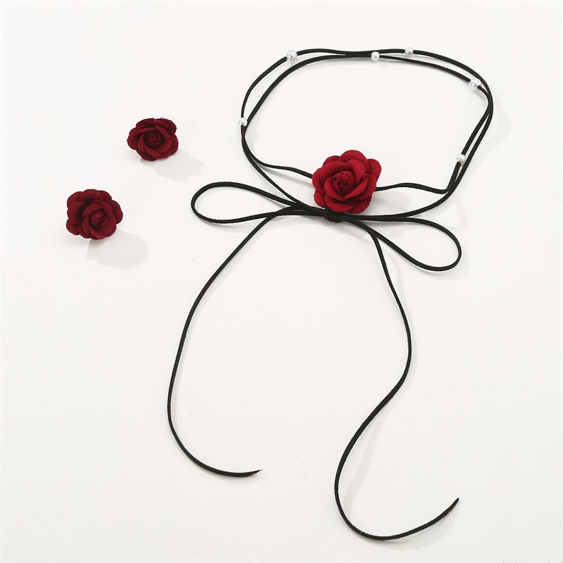 Denim Camellia Beaded Lace - up Necklace And Earrings Suite - Zambeel