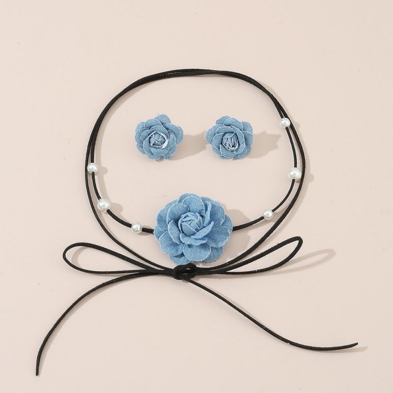 Denim Camellia Beaded Lace - up Necklace And Earrings Suite - Zambeel