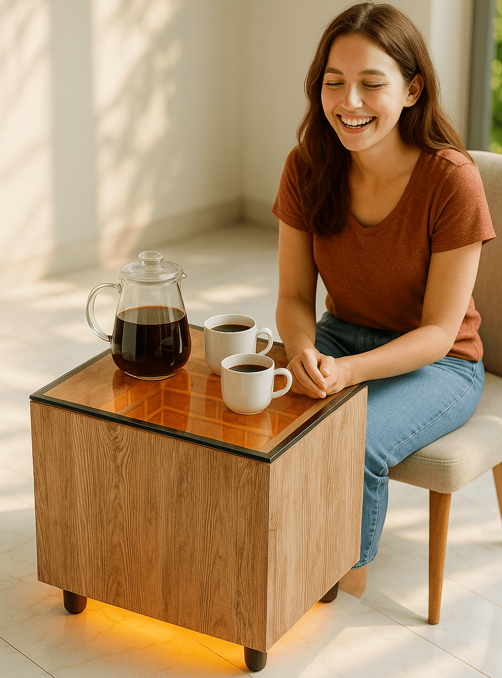 Denol LED‑Illuminated Wood & Glass Display Coffee Table - Zambeel