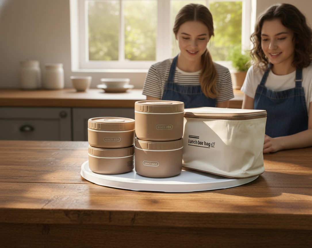 مجموعة صندوق غداء دائري مع حقيبة حمل