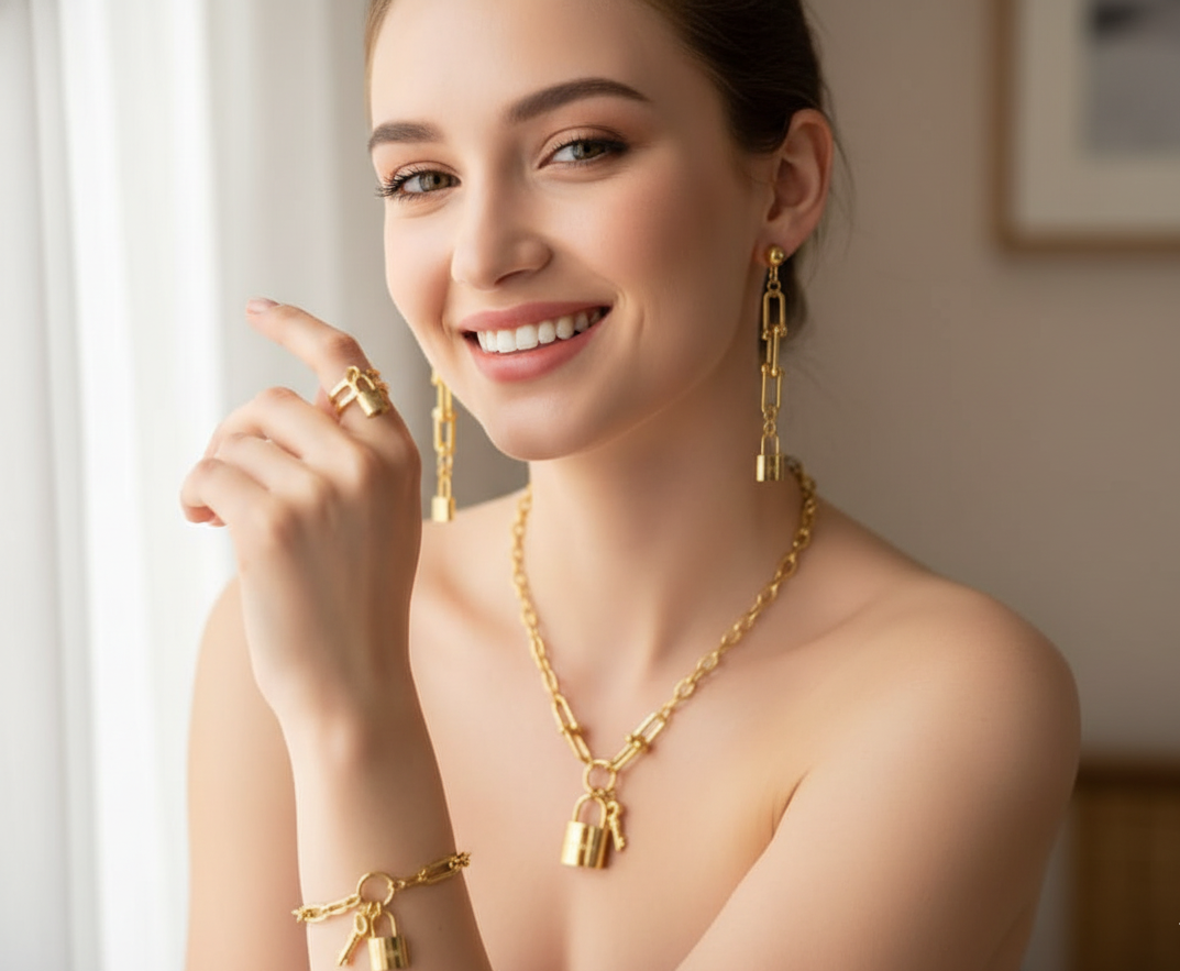 مجموعة مجوهرات على شكل قفل وسلسلة مفاتيح