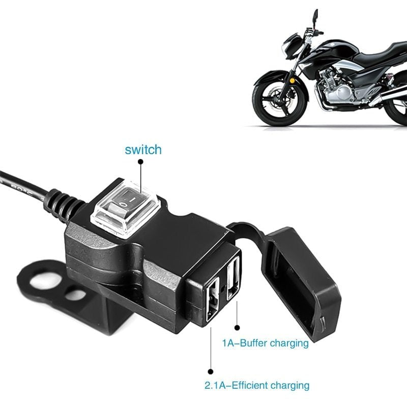 Dual USB Port 12V Waterproof Motorcycle Handlebar Charger 5V 1A / 2.1A Power Adapter Plug for Mobile Phone - Zambeel