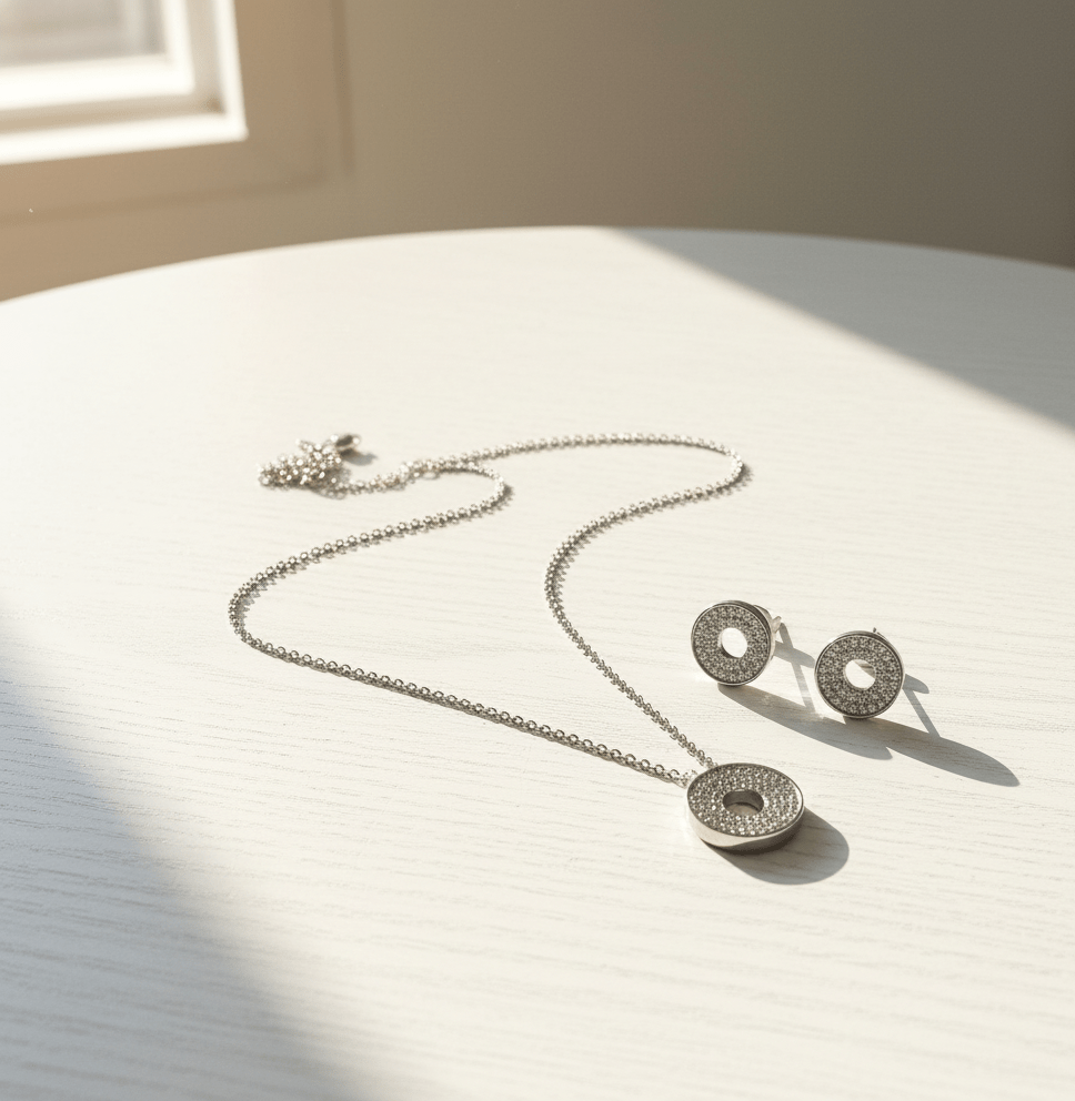 Elegant Halo Round Pendant & Stud Set - Zambeel