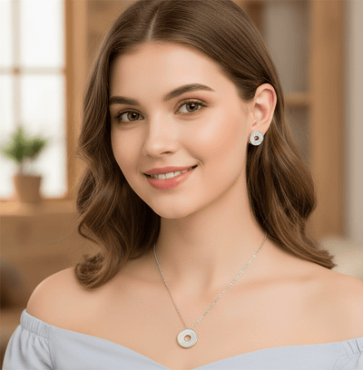 Elegant Halo Round Pendant & Stud Set - Zambeel
