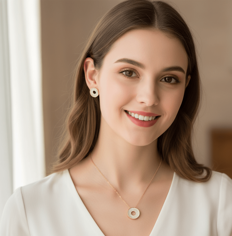 Elegant Halo Round Pendant & Stud Set - Zambeel