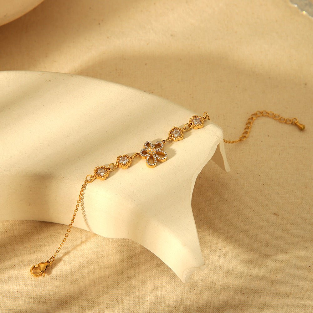 Fashion 18K Gold Plated Stainless Steel Inlaid Zircon Flower Bracelet - Zambeel