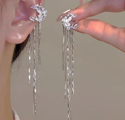 Fashion Elegant Zircon Awn Star Moon Tassel Non - piercing Ear Clip - Zambeel