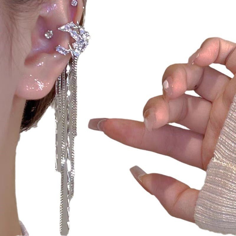 Fashion Elegant Zircon Awn Star Moon Tassel Non - piercing Ear Clip - Zambeel