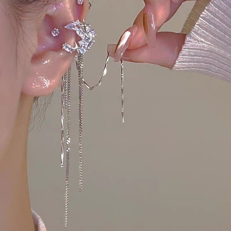 Fashion Elegant Zircon Awn Star Moon Tassel Non - piercing Ear Clip - Zambeel