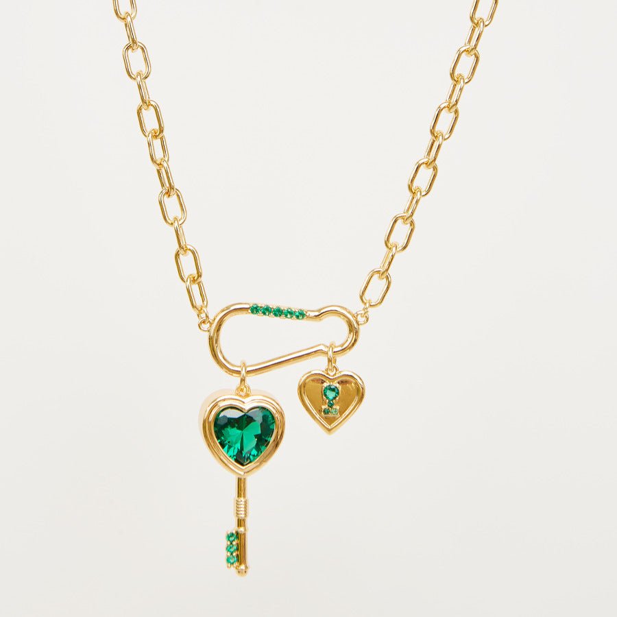 Fashion Emerald Love Key Inlaid Zircon Pendant Necklace - Zambeel