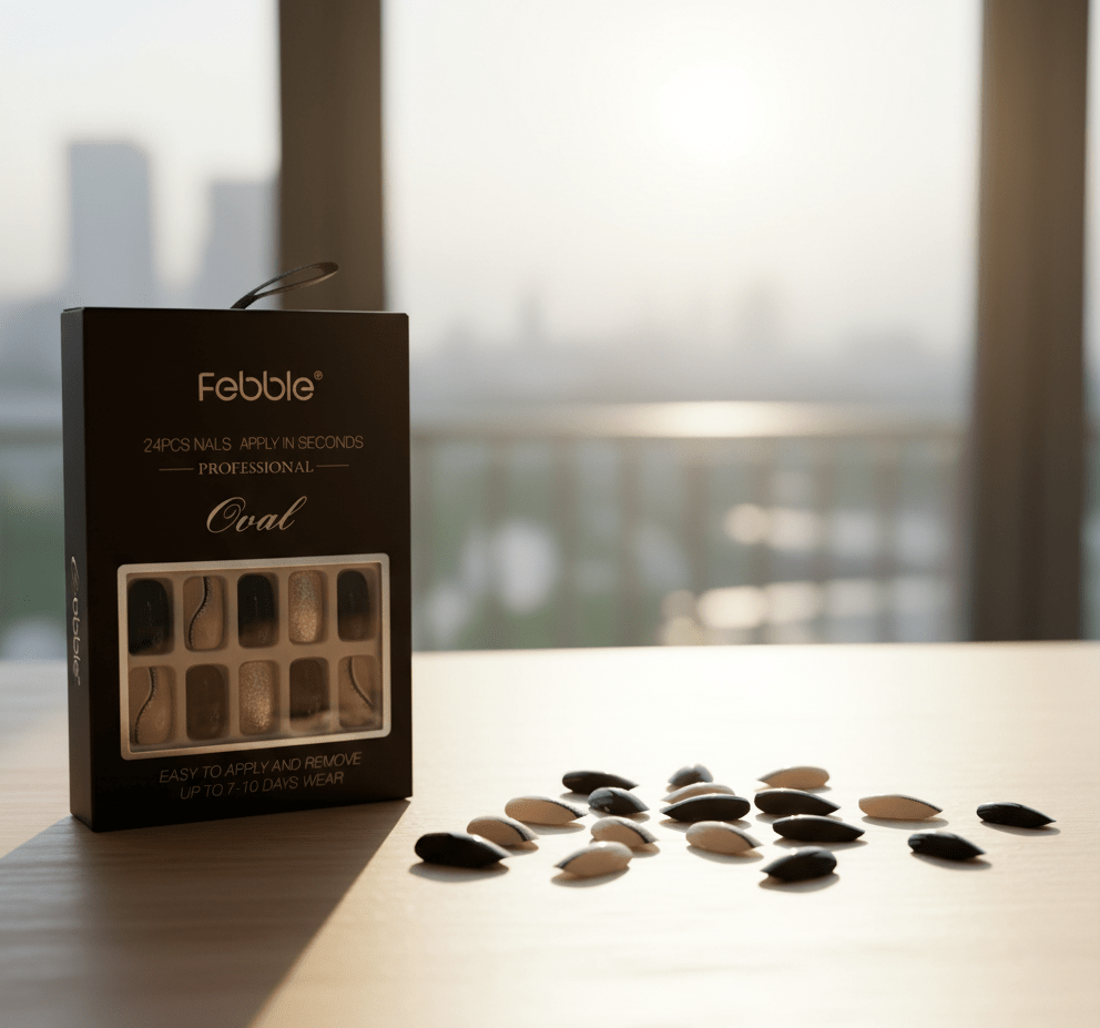Febble - Elegant Black Nude Oval Nails (Original) - Zambeel