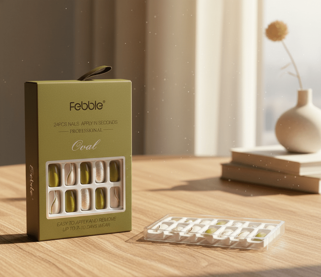 Febble - Olive Green & Silver Glam Press - On Nails (Original) - Zambeel