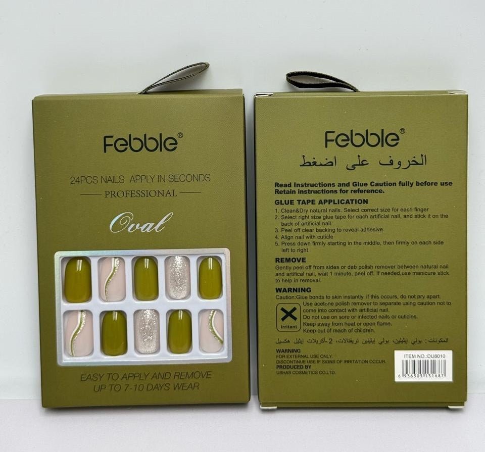 Febble - Olive Green & Silver Glam Press - On Nails (Original) - Zambeel