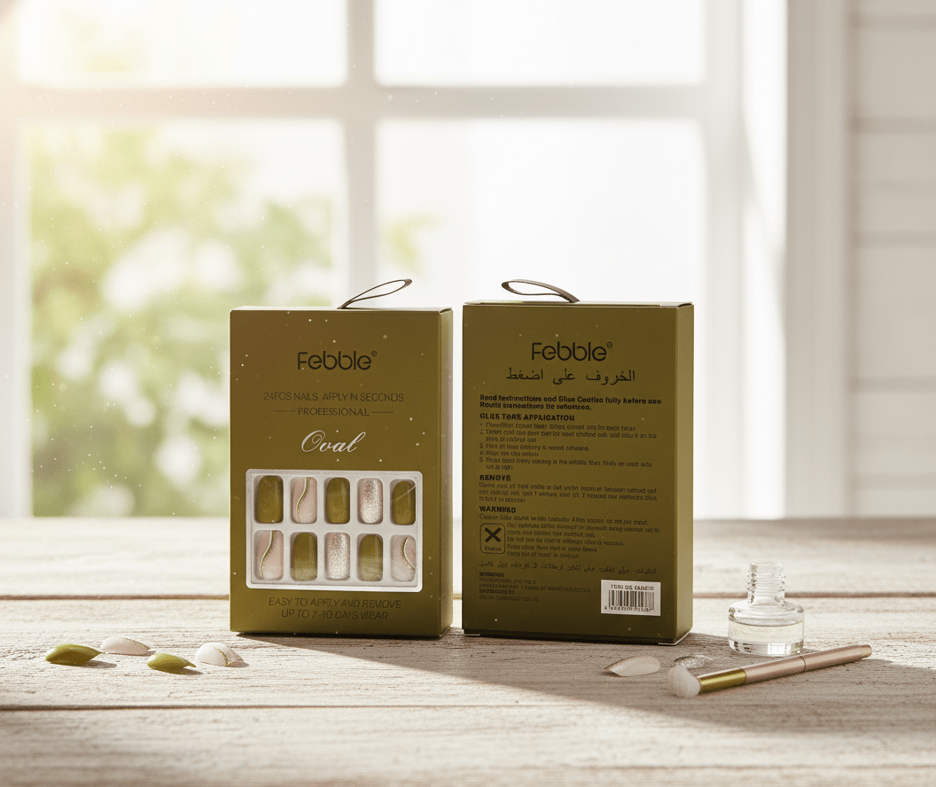 Febble - Olive Green & Silver Glam Press - On Nails (Original) - Zambeel