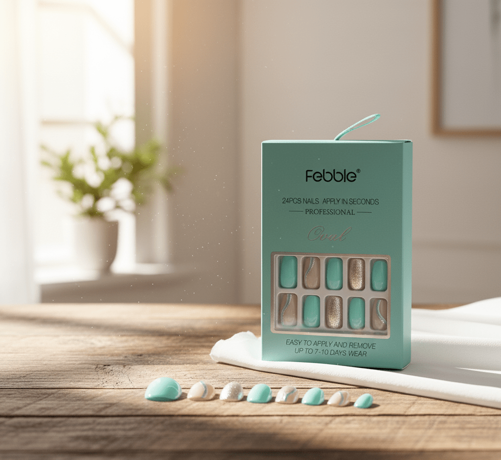 Febble - Oval Mint & Silver Glitter Press - On Nails (Original) - Zambeel