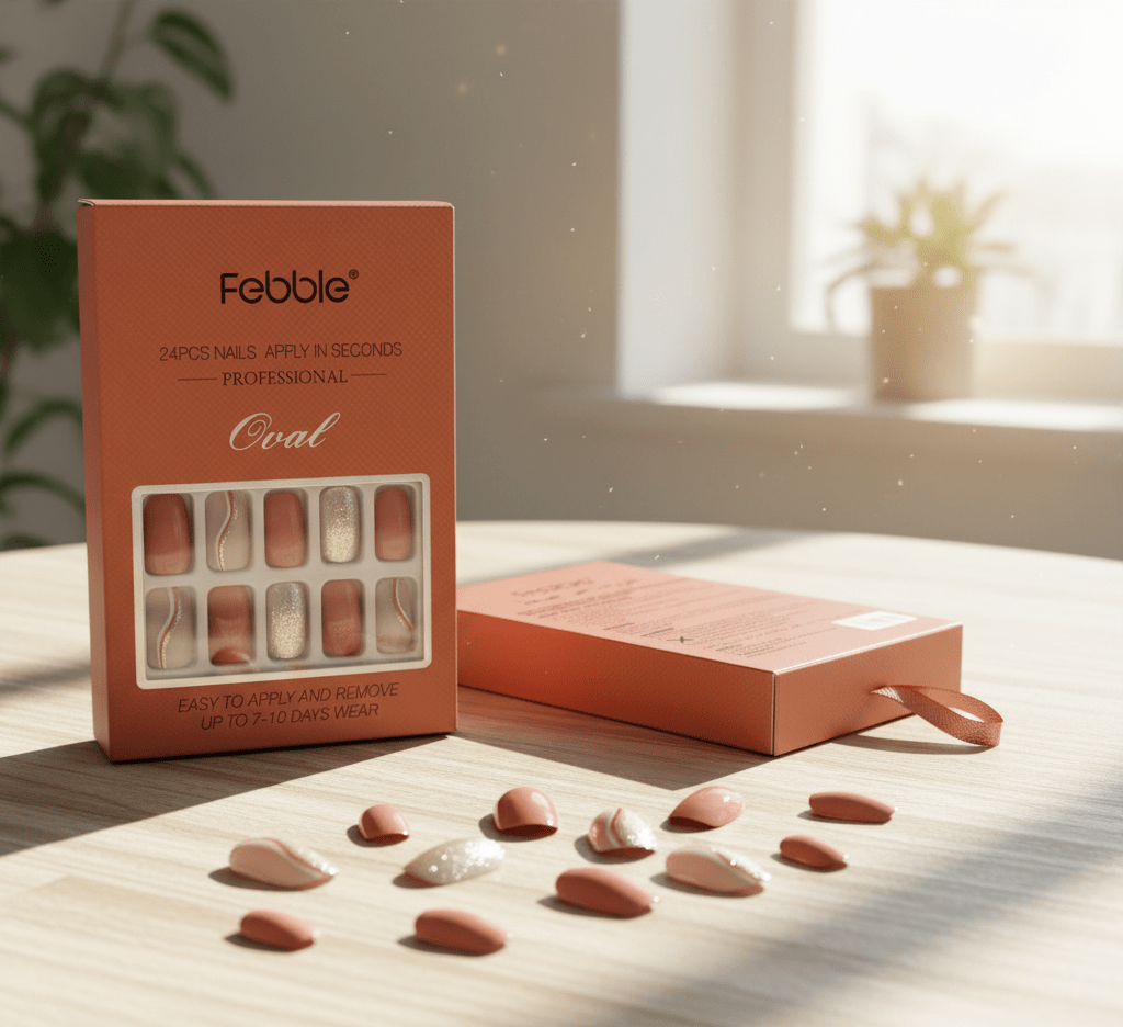 Febble - Peach Nude with Silver Sparkle Press - On Nails (Original) - Zambeel