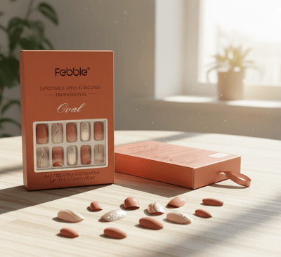 Febble - Peach Nude with Silver Sparkle Press - On Nails (Original) - Zambeel