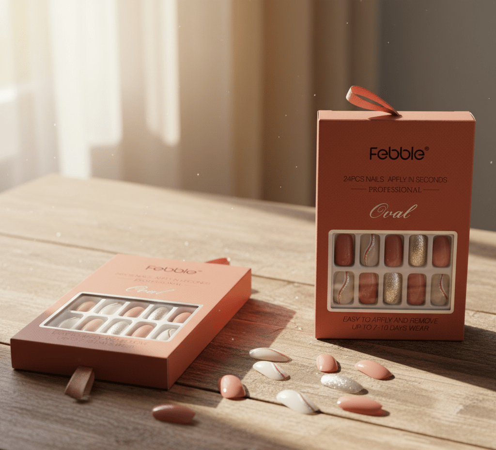 Febble - Peach Nude with Silver Sparkle Press - On Nails (Original) - Zambeel