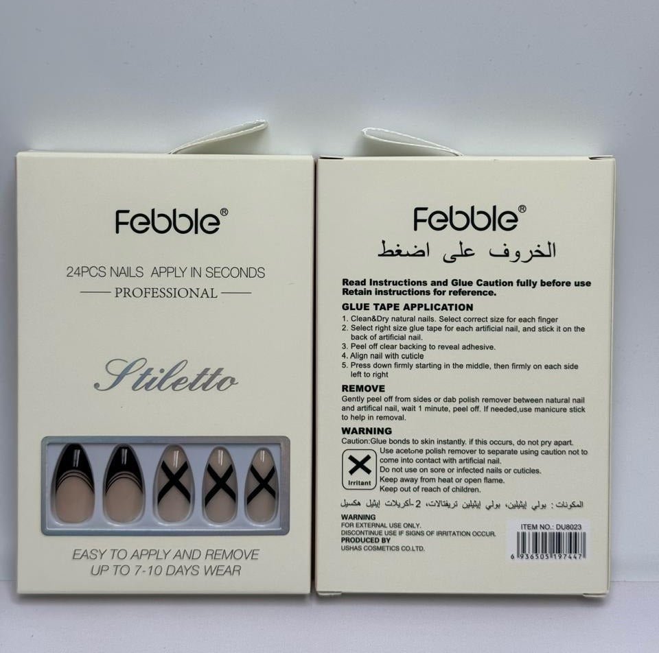 Febble - Stiletto Nude Black Cross Press - On Nails (Original) - Zambeel