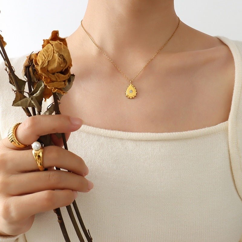 Geometric Single Diamond Zircon Inlaid Water Drop Pendant Titanium Steel Plated Necklace - Zambeel