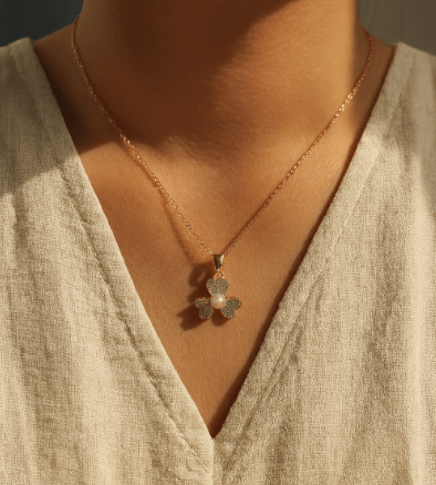 Gold Pearl Flower Cubic Zirconia Jewelry Set - Zambeel