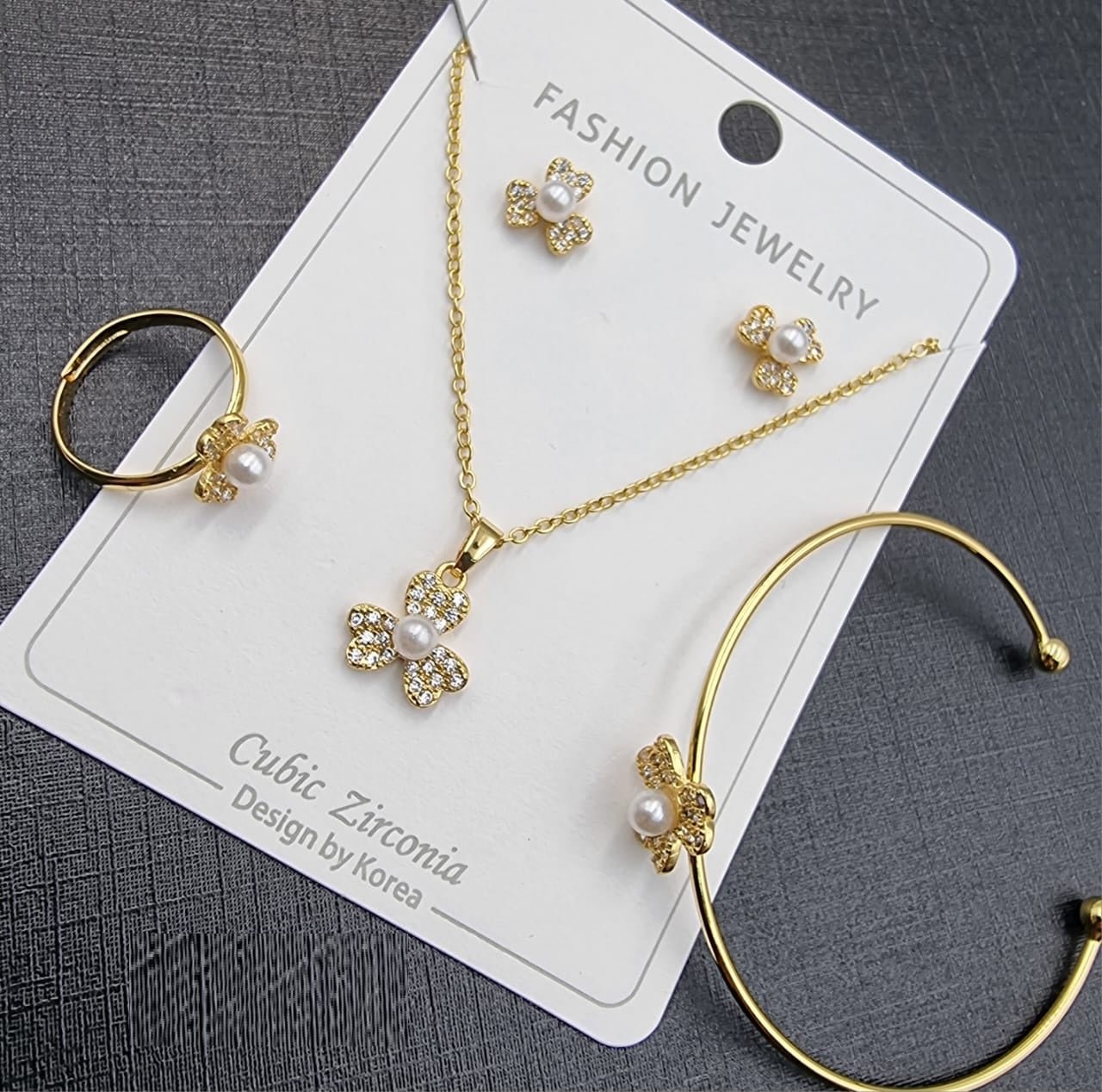 Gold Pearl Flower Cubic Zirconia Jewelry Set - Zambeel