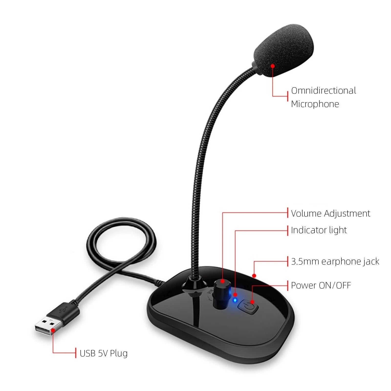 Gooseneck Computer Microphone USB Sound Card Monitor - Zambeel