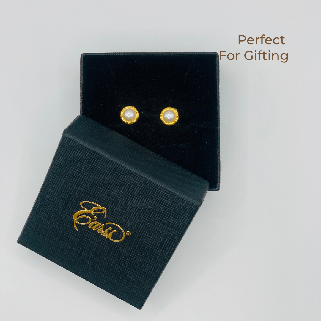 Hammered Bezel Pearl Gold Earring | Stainless Steel | 18K Gold Plated - Zambeel