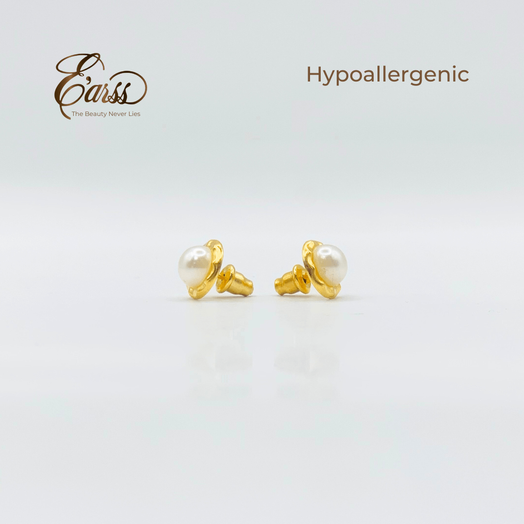 Hammered Bezel Pearl Gold Earring | Stainless Steel | 18K Gold Plated - Zambeel