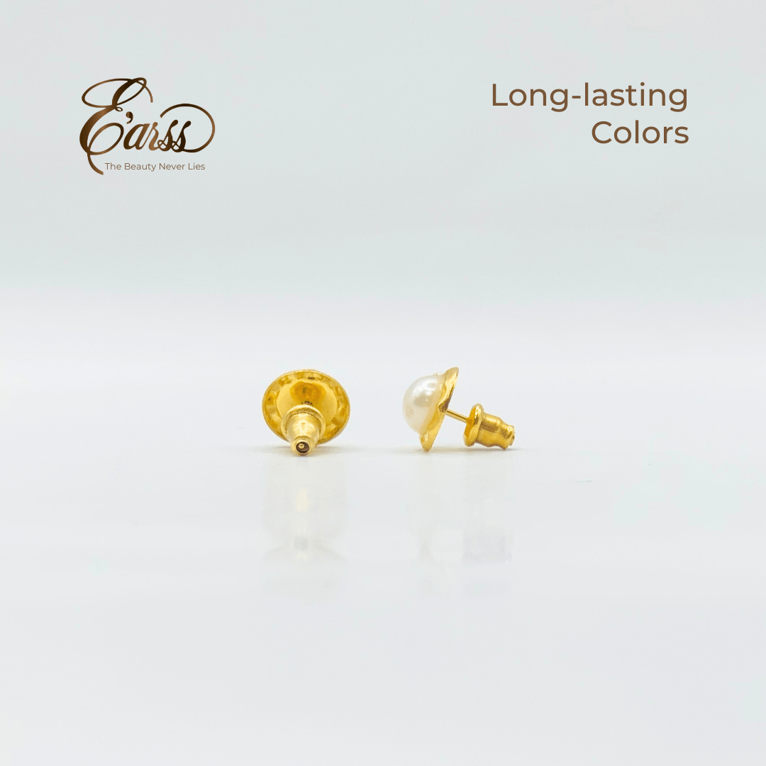 Hammered Bezel Pearl Gold Earring | Stainless Steel | 18K Gold Plated - Zambeel