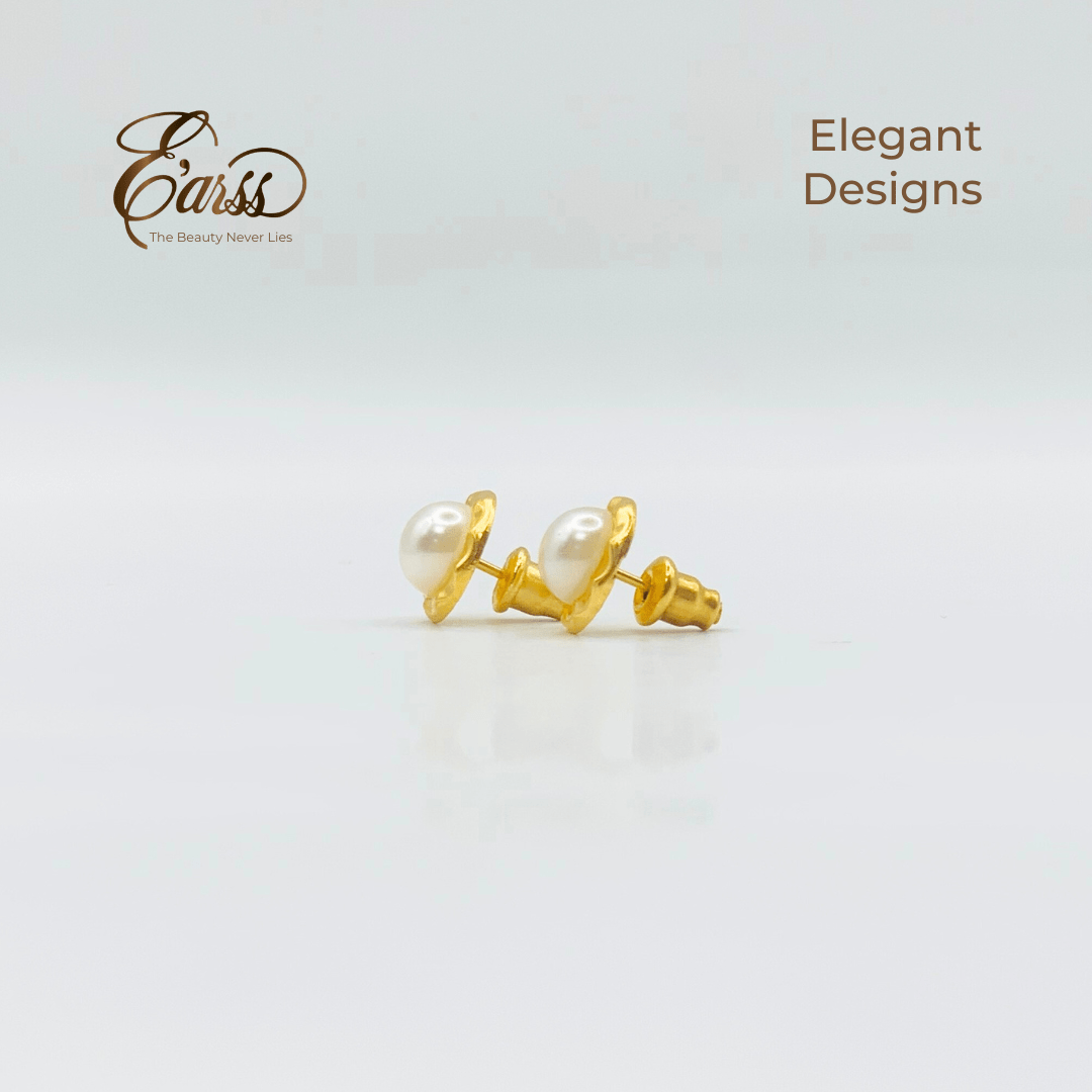 Hammered Bezel Pearl Gold Earring | Stainless Steel | 18K Gold Plated - Zambeel