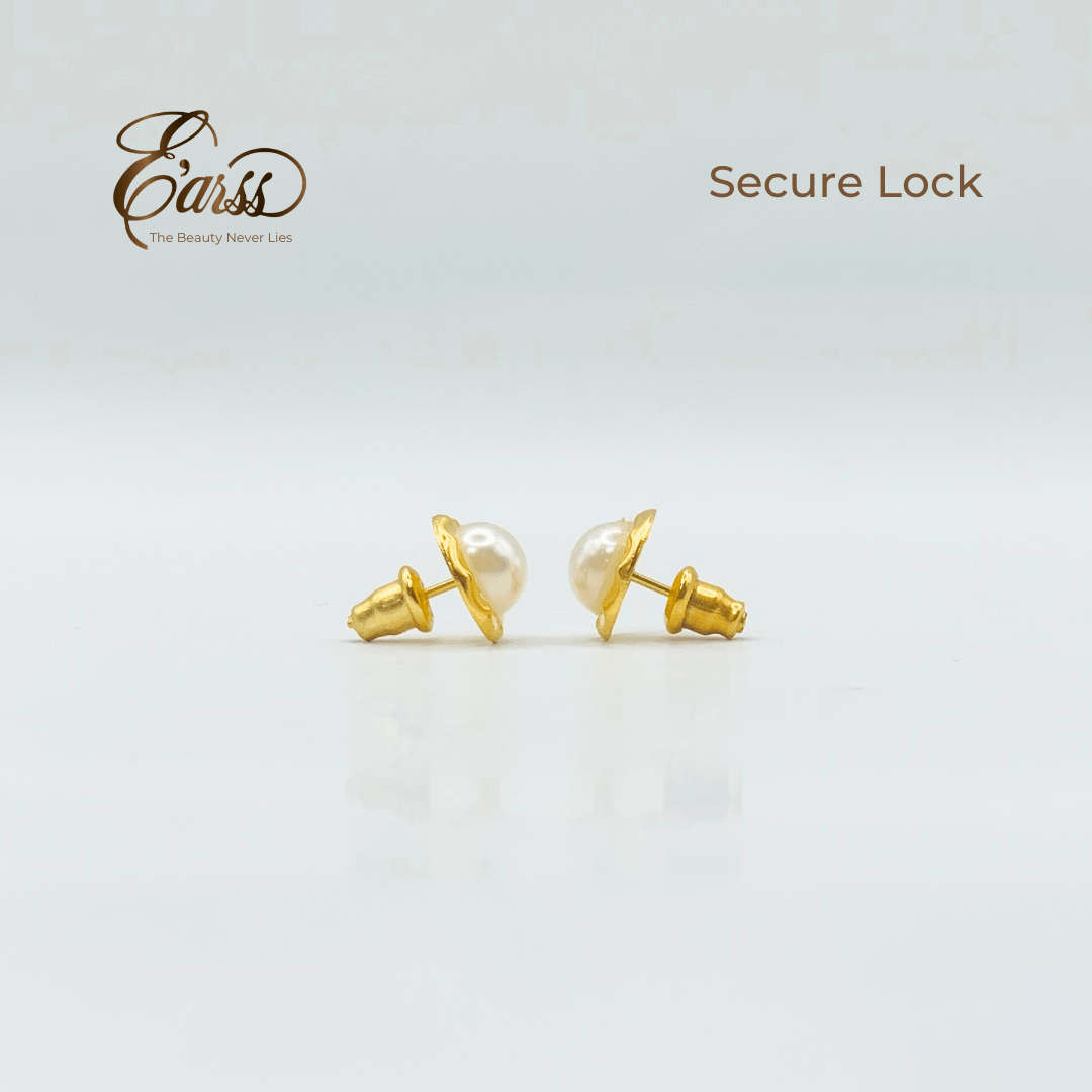 Hammered Bezel Pearl Gold Earring | Stainless Steel | 18K Gold Plated - Zambeel