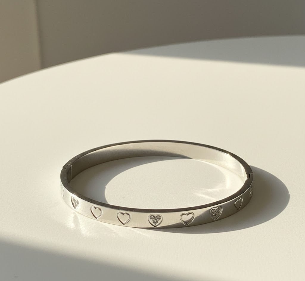 Heart Engraved Silver Bangle - Zambeel