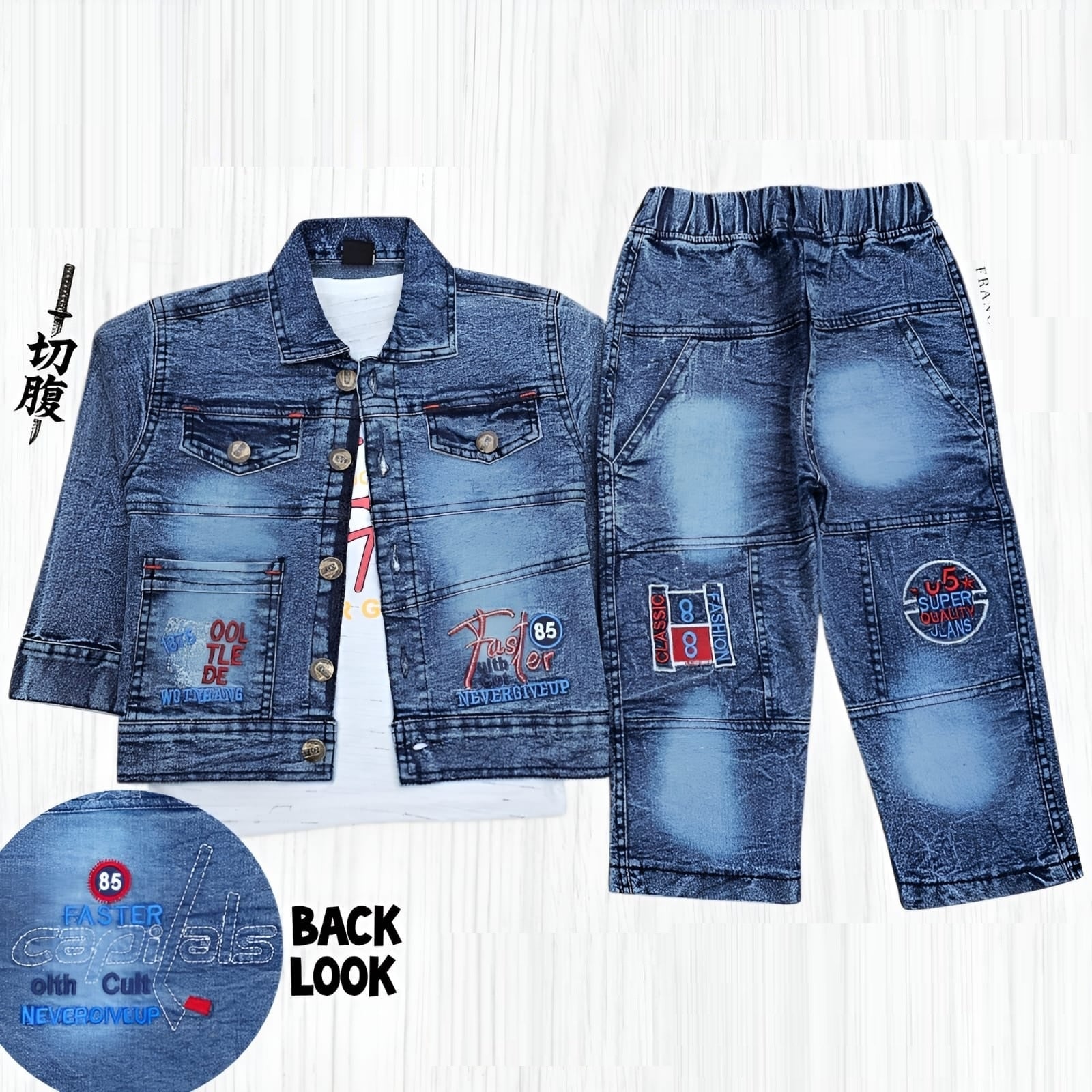 Kids Cartoon Patch Denim Jacket & Pant Set - Zambeel