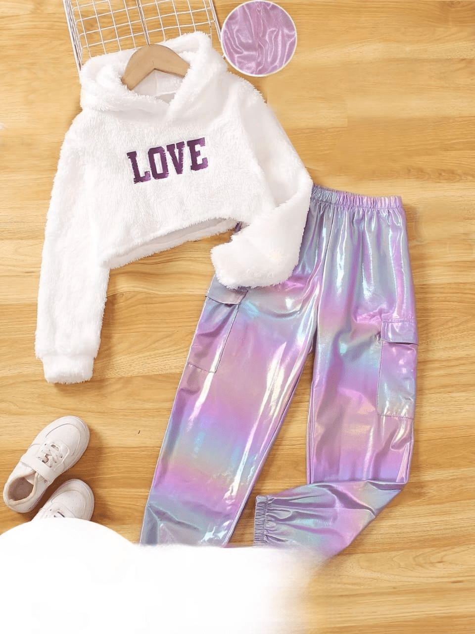 Kids Furry Love Hoodie & Holographic Pants Set - Zambeel