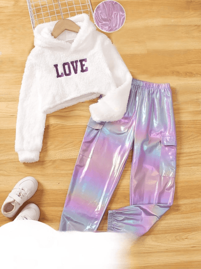 Kids Furry Love Hoodie & Holographic Pants Set - Zambeel