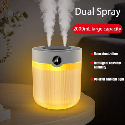 Large Capacity 2L Humidity Digital Display Double Spray Humidifier USB Silent Home Desktop Water Refill Meter Fog Amount - Zambeel