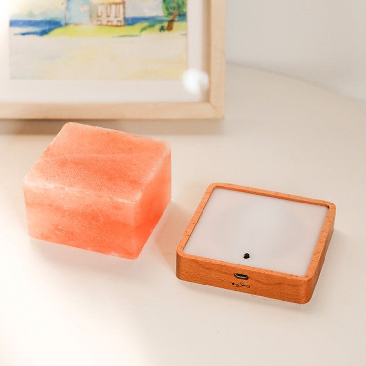 LED Square Wooden Base Crystal Salt Lamp - Zambeel