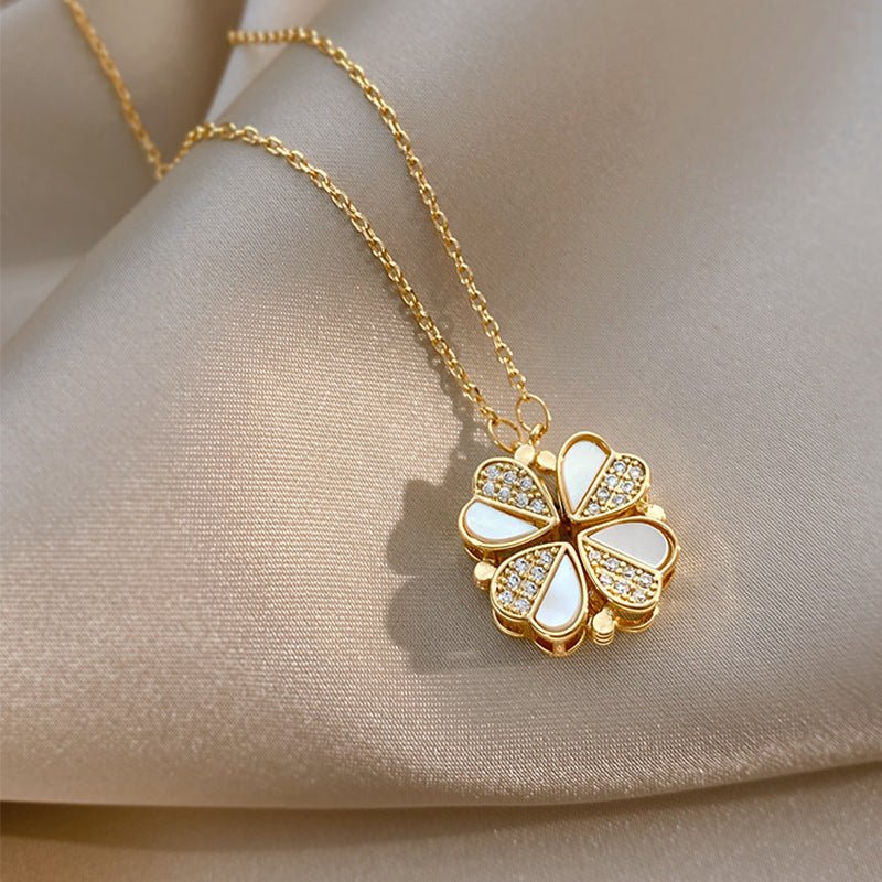 Luxury Four Leaf Clover Pendant Necklace Stainless Steel Crystal Heart Jewelry For Women Gift - Zambeel