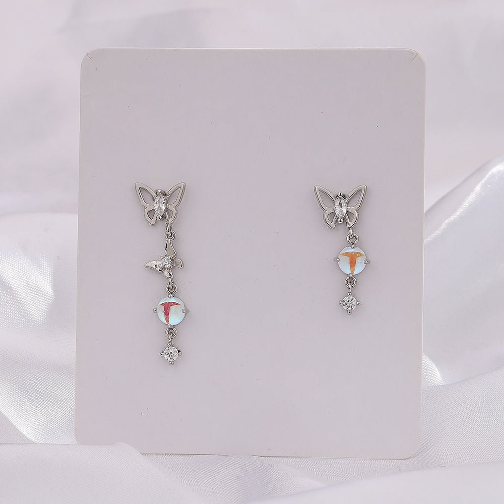 Moonstone Butterfly Earrings Long Light Luxury Asymmetric - Zambeel