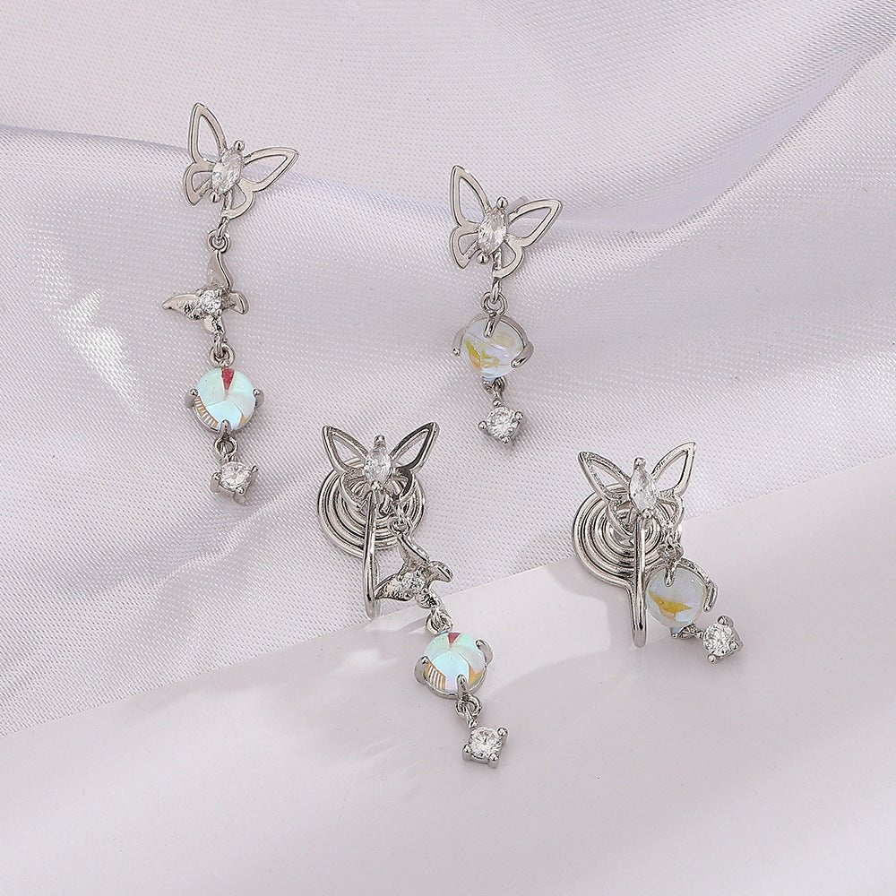 Moonstone Butterfly Earrings Long Light Luxury Asymmetric - Zambeel
